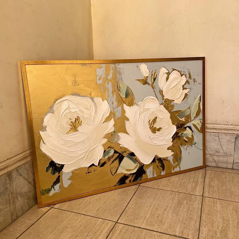 تابلو نقاشی گل برجسته با زمینه ورق طلا